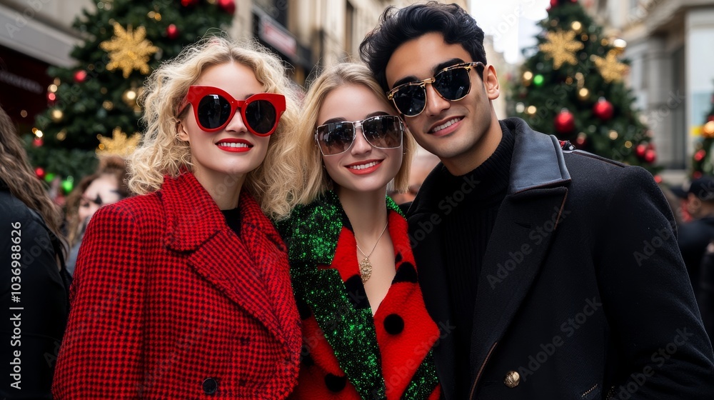 Diverse group of friends enjoying Christmas shopping in Barcelona, featuring Latin American and Polish models amidst vibrant holiday decorations, creating a festive and joyful atmosphere Diverse group of friends enjoying Christmas shopping in Barcelona, featuring Latin American and Polish models amidst vibrant holiday decorations, creating a festive and joyful atmosphere