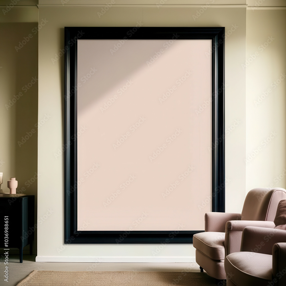 A large black framed mirror with a white background A large black framed mirror with a white background