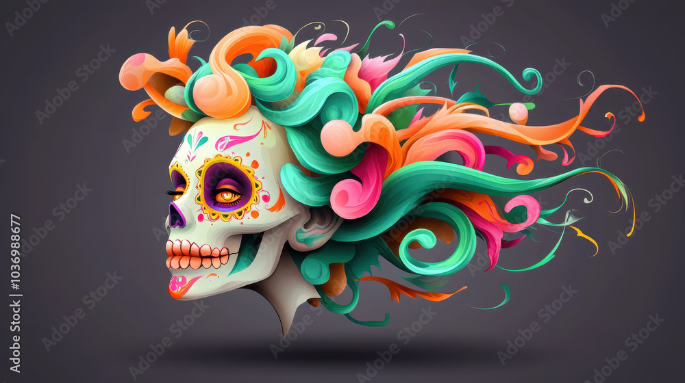 Vibrant sugar skull with colorful swirling hair, showcasing intricate designs and glowing elements. This artistic representation captures lively and festive spirit Vibrant sugar skull with colorful swirling hair, showcasing intricate designs and glowing elements. This artistic representation captures lively and festive spirit