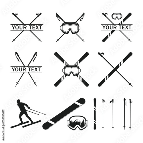 Snow ski poles icon set with snowboard. Mountain skier ski vector icon. ski glasses and crossed ski pole vector illustration. Vector set Silhouette of a skier in winter.