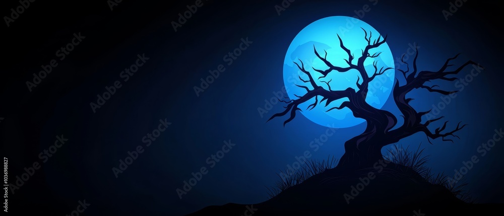 A solitary, leafless tree stands before a full moon, its silhouette mirrored by a spooky tree in the foreground A solitary, leafless tree stands before a full moon, its silhouette mirrored by a spooky tree in the foreground