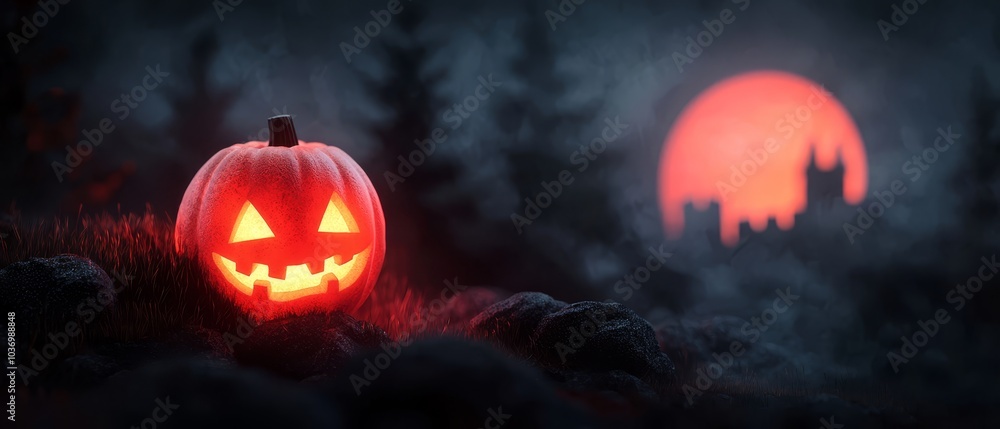 Fototapeta premium A carved pumpkin sits in the field's center, surrounded by castlement and full moon's glow