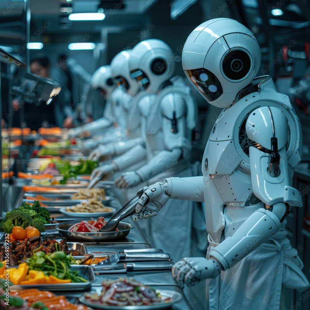 robot chefs preparing food in a restaurant robot chefs preparing food in a restaurant