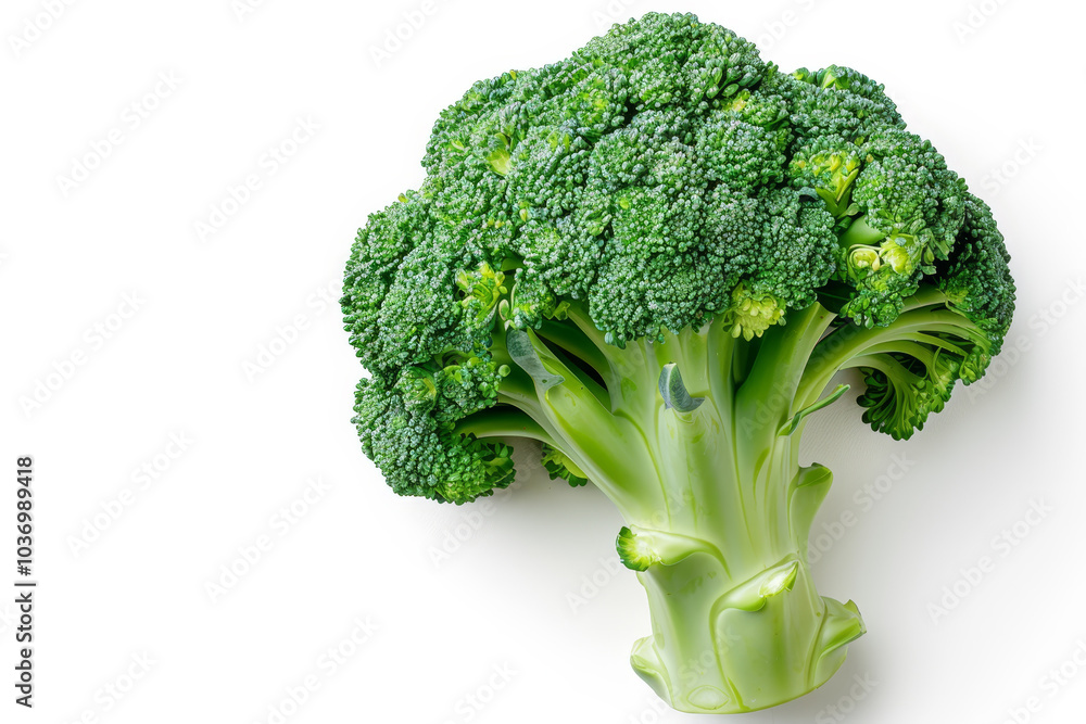 A large head of broccoli is shown on a white background A large head of broccoli is shown on a white background