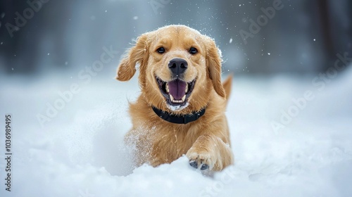 Golden Retriever Running in Snow