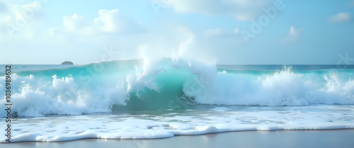  Waves crashing against rocks at sunrise