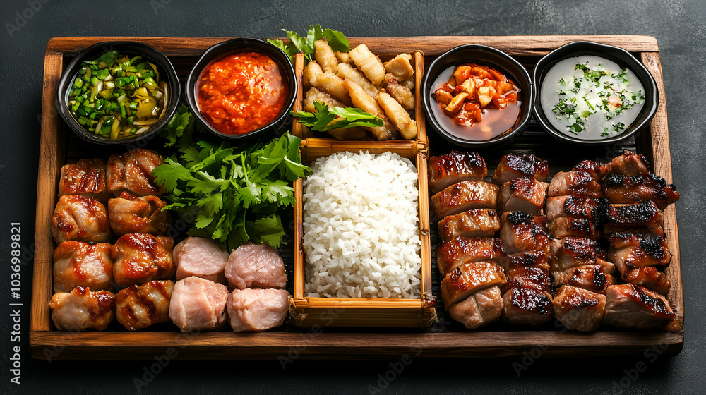 Grilled Meat Platter with Rice, Fresh Herbs, and Dipping Sauces - A delicious assortment of grilled meats served with steamed rice, fresh herbs, and a variety of dipping sauces. Grilled Meat Platter with Rice, Fresh Herbs, and Dipping Sauces - A delicious assortment of grilled meats served with steamed rice, fresh herbs, and a variety of dipping sauces.
