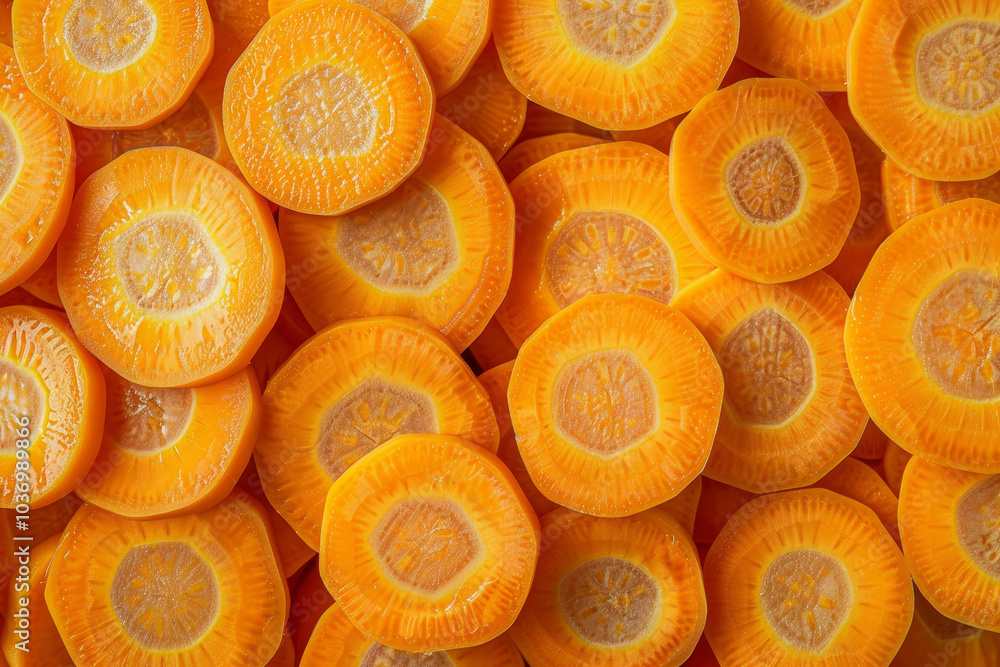 A close up of many orange carrot slices A close up of many orange carrot slices