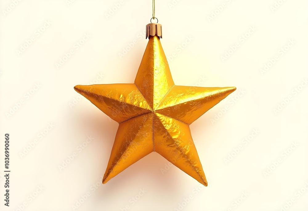 Shiny golden star ornament hanging against light background Shiny golden star ornament hanging against light background
