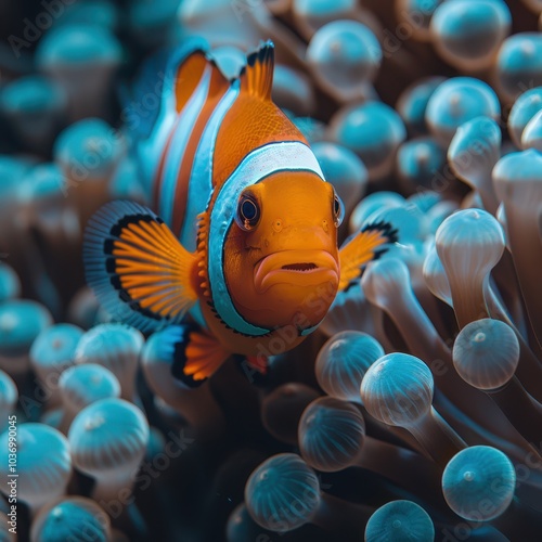 an orange clown fish in an anemone