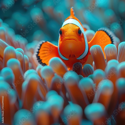 an orange clown fish in an anemone