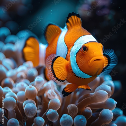 an orange clown fish in an anemone