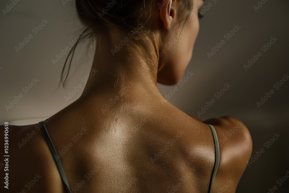 A woman with a tan back and a gold bra A woman with a tan back and a gold bra