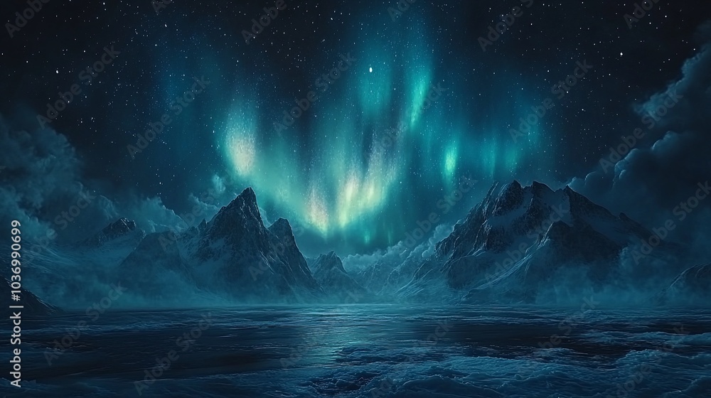 Fototapeta premium A stunning view of the aurora borealis over a snowy mountain range.