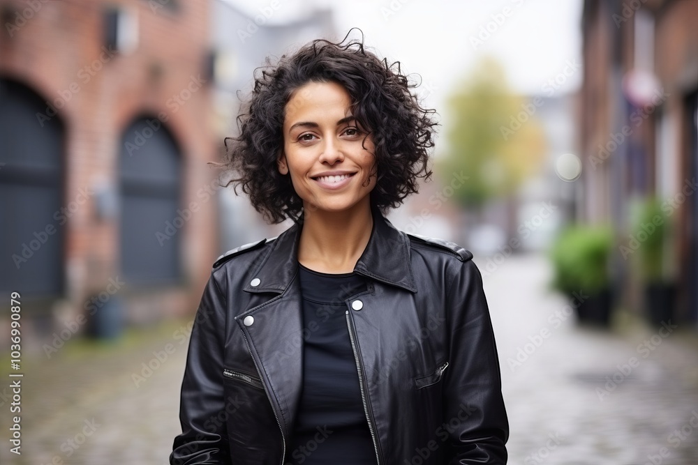 Portrait of a beautiful young woman with curly hair in urban background Portrait of a beautiful young woman with curly hair in urban background