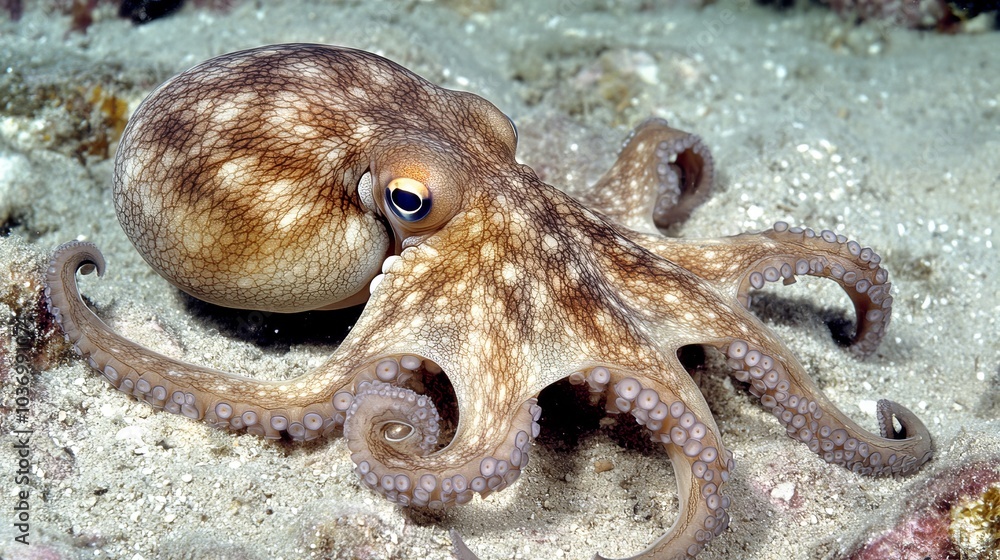 Obraz premium The common octopus (Octopus vulgaris) captured in its natural habitat, showcasing the unique characteristics and behavior of this fascinating wildlife animal in the ocean environment