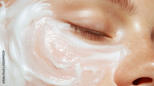 A serene image demonstrating a close-up of skincare cream being gently applied to a person's skin, emphasizing beauty, care, and the importance of skincare.