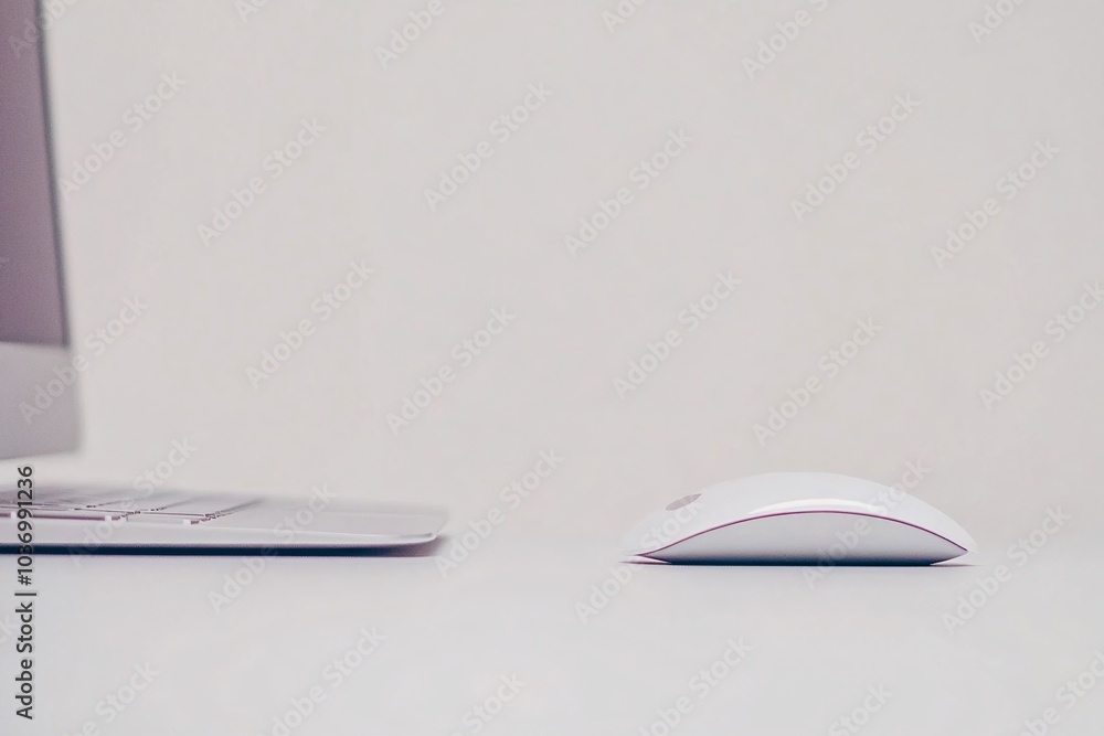 Minimalist White Wireless Mouse and Laptop on a Desk