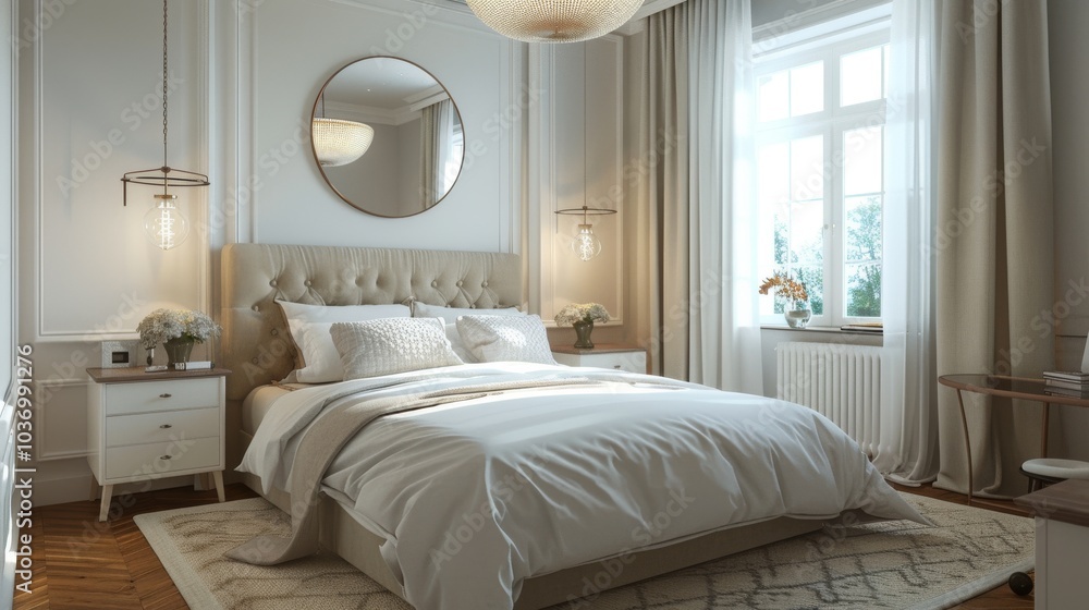 An elegant Scandinavian bedroom with a double bed an upholstered headboard An elegant Scandinavian bedroom with a double bed an upholstered headboard
