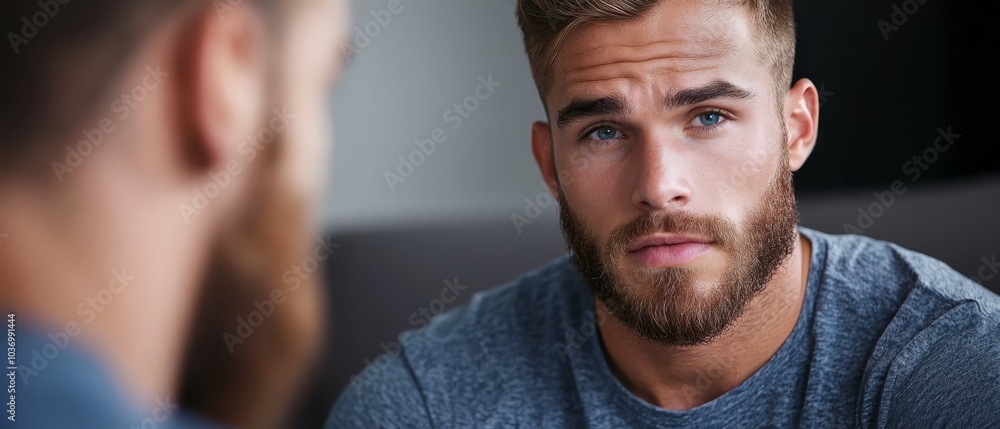 A man with a beard closely studies another man's face, expression serious A man with a beard closely studies another man's face, expression serious