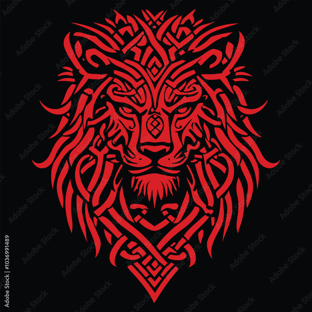 Fototapeta premium Tribal Lion Head in Red - Bold Vector Design