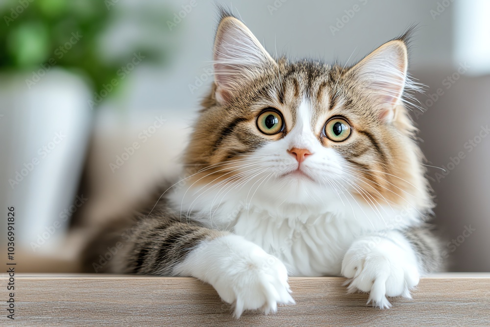 Adorable fluffy cat with big eyes, resting on a wooden surface near a green plant. Perfect for pet lovers and animal photography. Adorable fluffy cat with big eyes, resting on a wooden surface near a green plant. Perfect for pet lovers and animal photography.