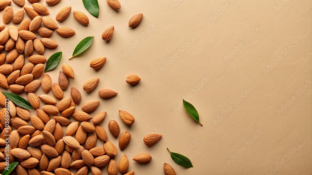 Natural beige background with scattered almonds and a clean space for text, promoting a plant-based, eco-friendly, and organic healthy beverage alternative product concept. Natural beige background with scattered almonds and a clean space for text, promoting a plant-based, eco-friendly, and organic healthy beverage alternative product concept.