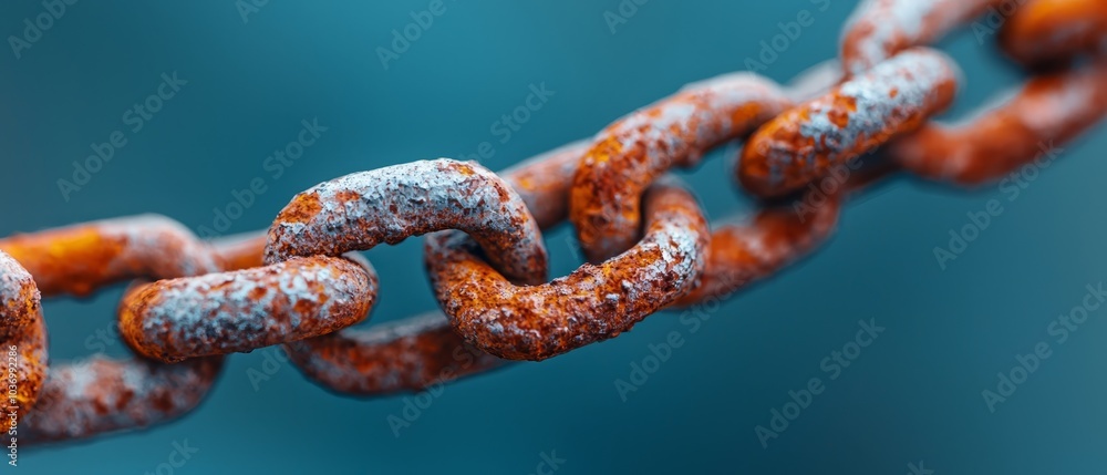 A tight shot of a rusted metal chain, covered in snow at its top and bottom ends A tight shot of a rusted metal chain, covered in snow at its top and bottom ends