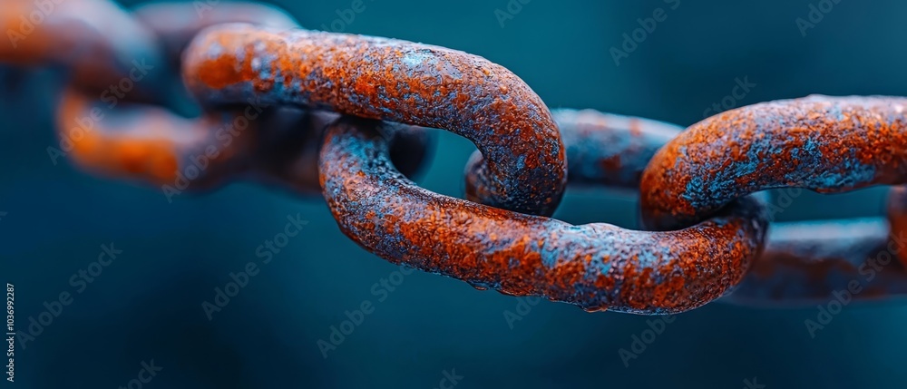 A tight shot of a weathered chain with a hazy building in the backdrop A tight shot of a weathered chain with a hazy building in the backdrop