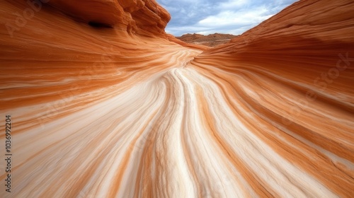 This beautiful image features a winding canyon with dramatic orange and white stripes, a stunning vista showcasing the raw beauty and dynamic forms of erosion. photo