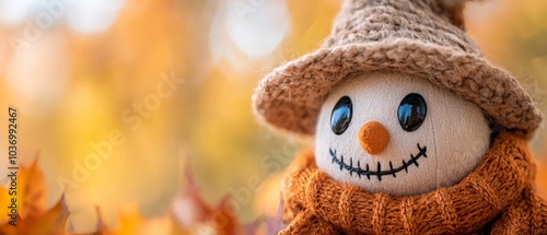  A tight shot of a knitted hat and scarf-clad snowman, his rosy cheeks and button nose prominent The scarf draped around his neck completes his winter ward