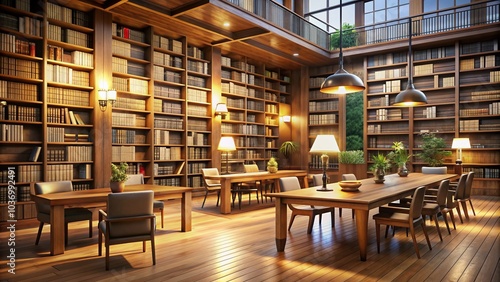 Neatly arranged wooden tables and chairs occupy a serene library space, surrounded by tall shelves stocked with books and warm lighting, exuding a sense of tranquility.