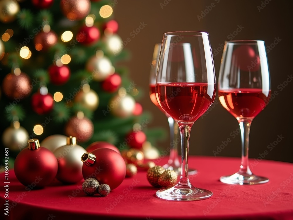 Festive celebration with elegant glasses of rosé wine on a table adorned with ornaments during the holiday season Festive celebration with elegant glasses of rosé wine on a table adorned with ornaments during the holiday season