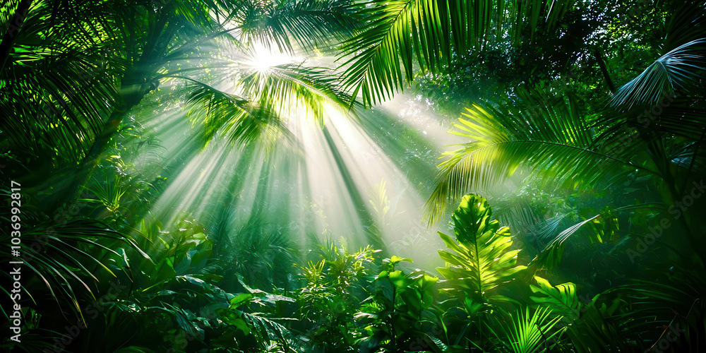Obraz premium A lush green jungle with sunlight shining through the trees