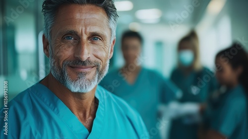 A smiling man wearing medical scrubs stands confidently with a diverse medical team in the background, illustrating teamwork and dedication in healthcare.