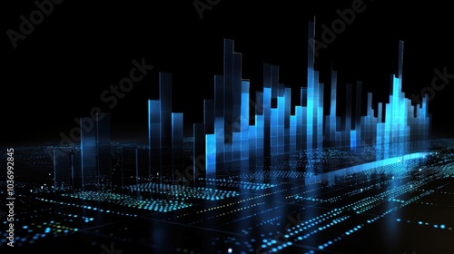 Abstract Digital Cityscape with Glowing Blue Bars and Data Points