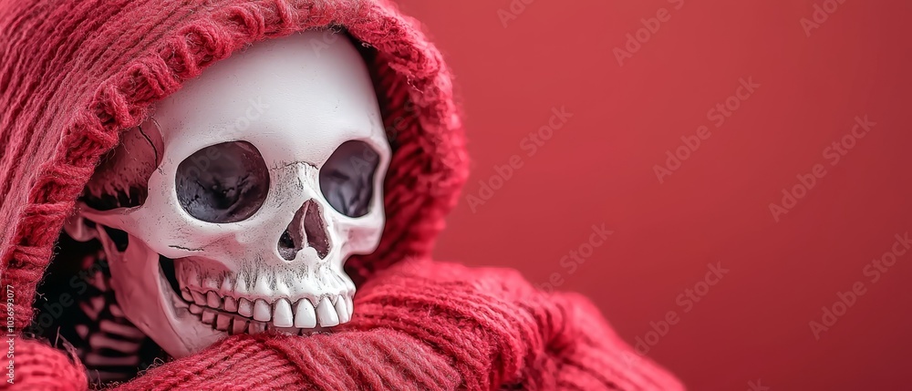 A skeleton, dressed in a red sweater, holds its head with one hand while donning a separate red hoodie with the other A skeleton, dressed in a red sweater, holds its head with one hand while donning a separate red hoodie with the other