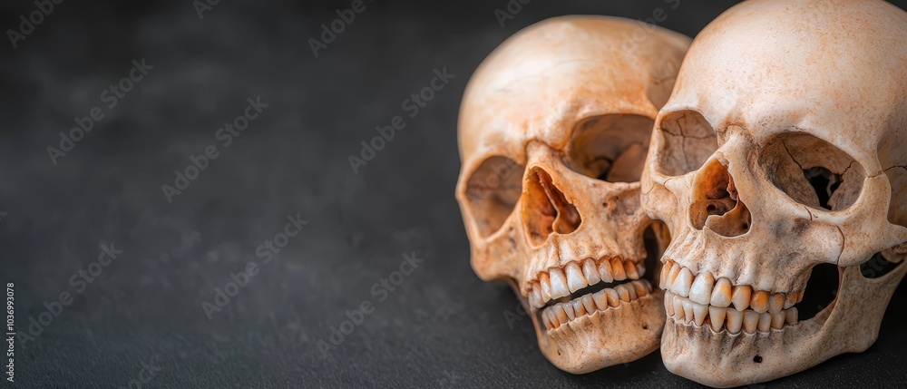 Naklejka premium Two skulls placed together on a black surface, against a black background - only one visible at a time