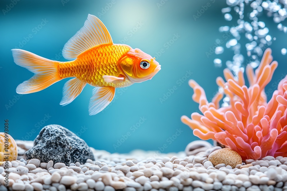 Fototapeta premium Vibrant goldfish swimming in a serene aquarium with colorful coral and pebbles, creating a peaceful aquatic scene.