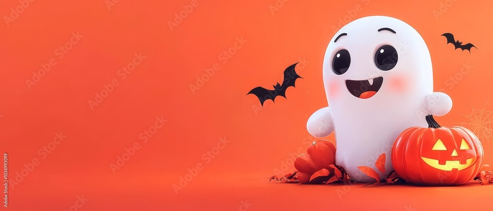 Fototapeta premium A ghost sits beside a pumpkin against an orange backdrop Bats fly around, while a jack-o-lantern takes center stage in the foreground