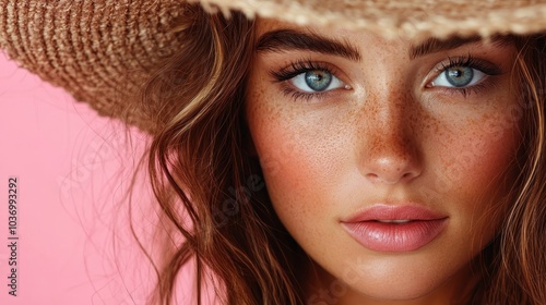 A detailed close-up of a young woman's freckled face, wearing a straw hat, set against a soft pink background. Her expressive eyes are the focal point. photo