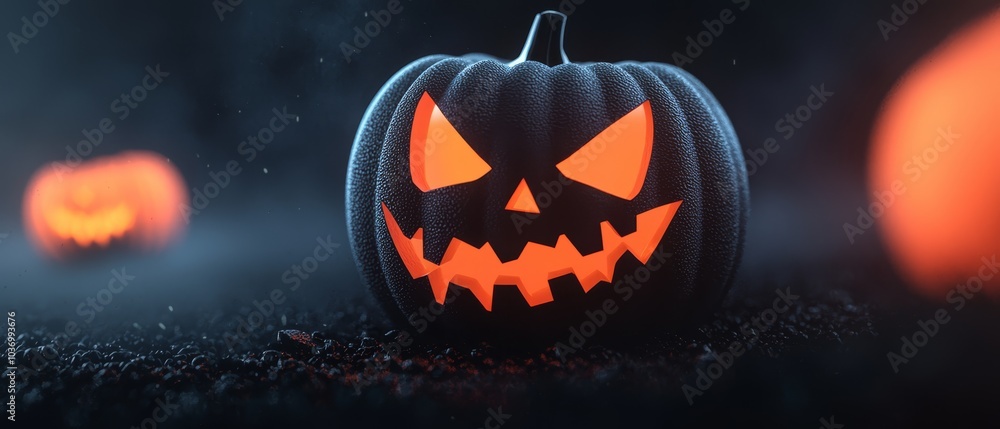 Fototapeta premium A jack-o-lantern pumpkin glows in the dark with two jack-o-lanterns behind it