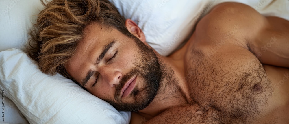 A man sleeps closely, eyes shut, head atop a pillow A man sleeps closely, eyes shut, head atop a pillow