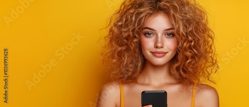  A woman, sporting curly red hair, grips a cell phone in one hand and offers a smiling gaze into the camera photo