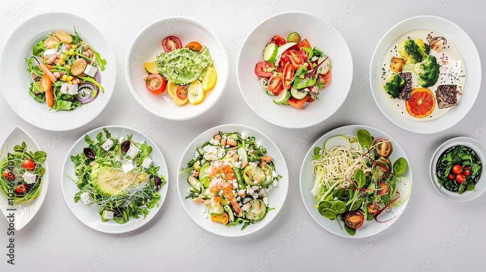 Assortment of healthy food dishes. Top view. Free space for your text. Assortment of healthy food dishes. Top view. Free space for your text.