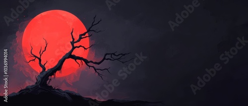  A tree painted before a vast, crimson ball of blood against a dark night backdrop, with a full moon illuminating the scene from behind