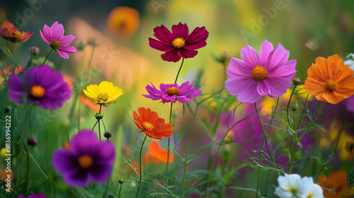 A park with a meadow filled with pink cosmos flowers in backlighting, featuring wildflowers.