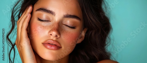  A woman with freckled skin on her face, specifically on her hair and eyes, is placing her right hand on her face