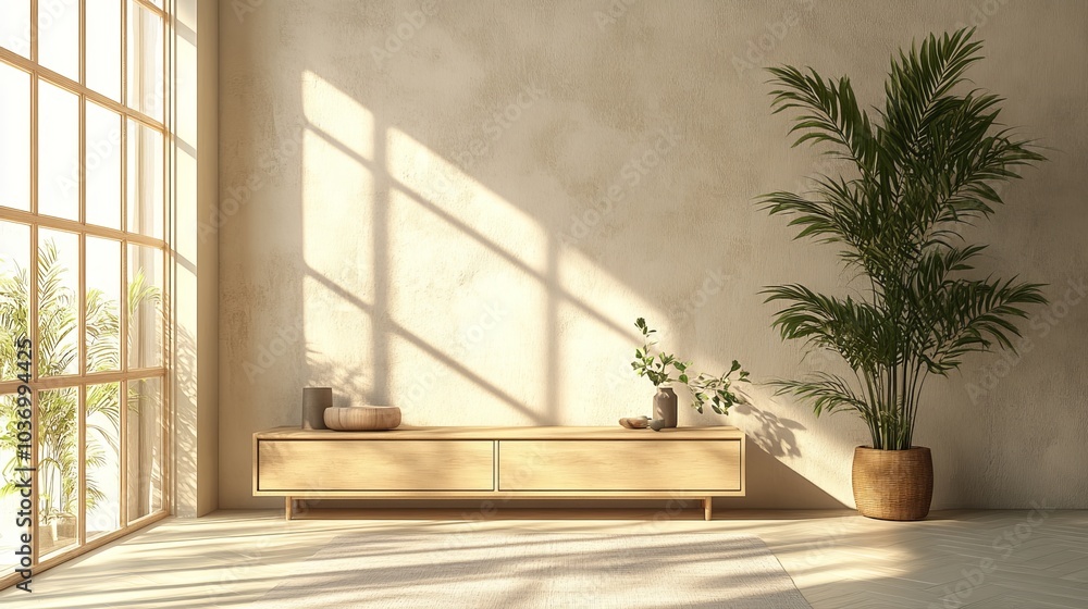 Fototapeta premium Blank wall in modern scandi living room. the wall has a low buffet cupboard against it. there is a tall plant on the side.