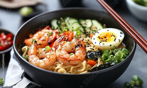 A bowl of ramen noodles with shrimp, egg, cucumber, seaweed, and green onions.